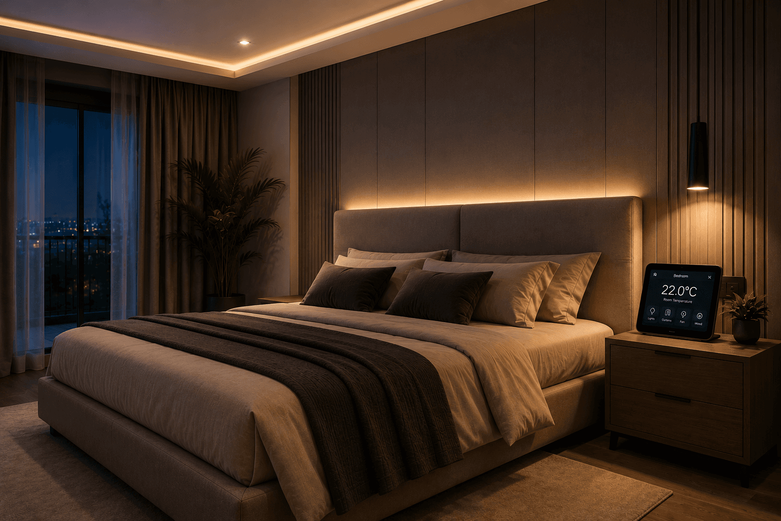 Serene primary bedroom with soft automated lighting