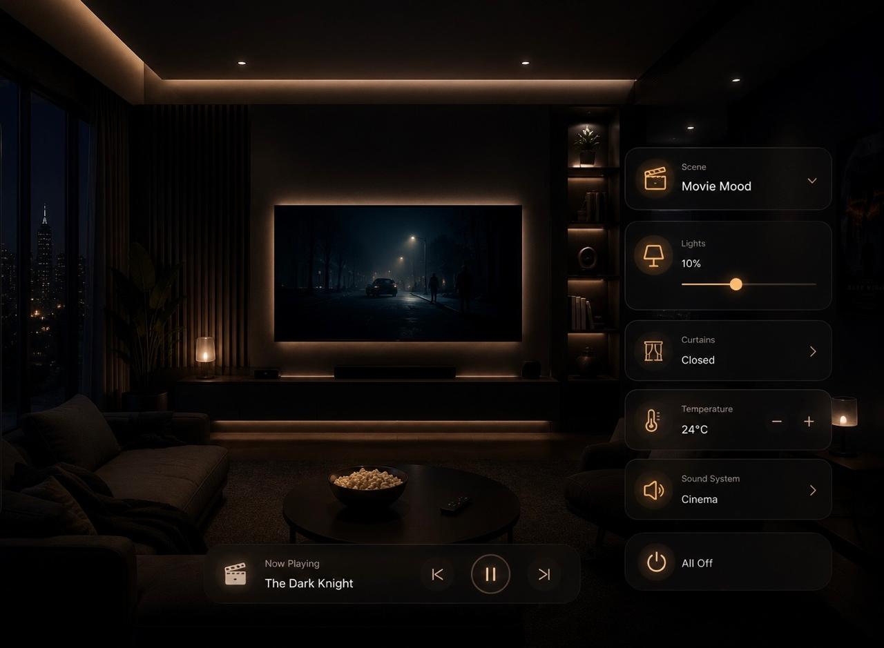 Luxury living room with large screen and modern lighting